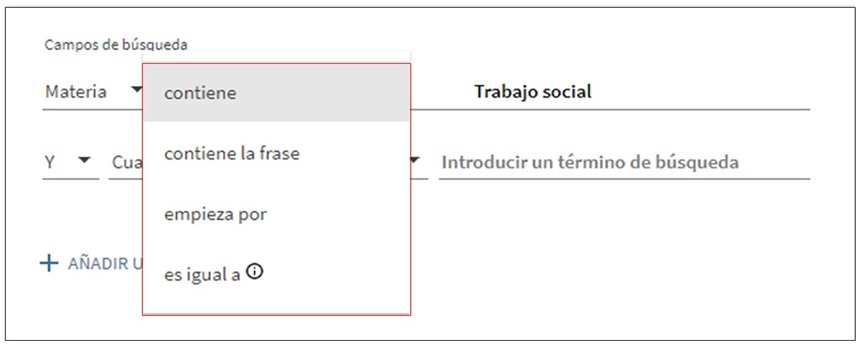 Captura de pantalla en la que se muestran las distintas opciones de búsqueda por materia.