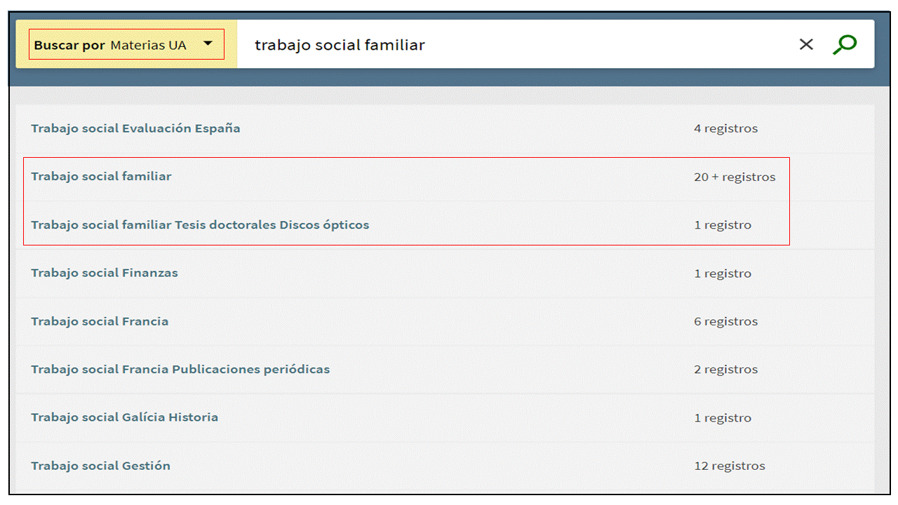 Captura de pantalla del catálogo mostrando el resultado de buscar 'Trabajo social familiar' en el índice de materias.