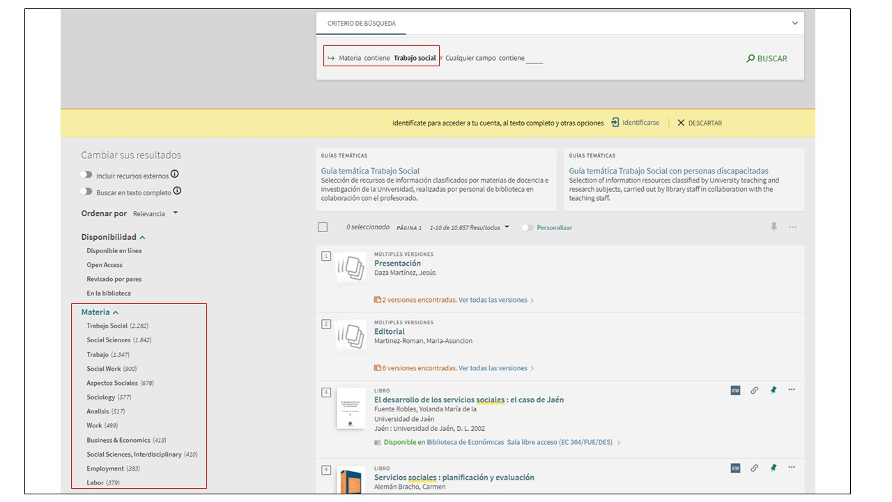 Captura de pantalla del catálogo, mostrando la lista de resultados tras buscar la materia 'Trabajo social', indicando la ubicación del filtro 'Materia'.