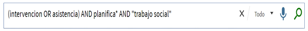 Captura de pantalla del cajetín de búsqueda básica del catálogo, en el que se ha introducido la estrategia de búsqueda: (intervención OR asistencia) AND planifica* AND "trabajo social"