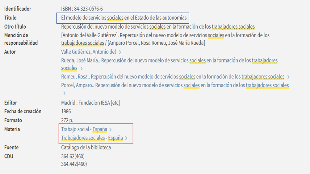 Captura de pantalla del catálogo en la que se muestra que el libro 'El modelo de servicios sociales en el Estado de las autonomías' tiene asignadas dos materias