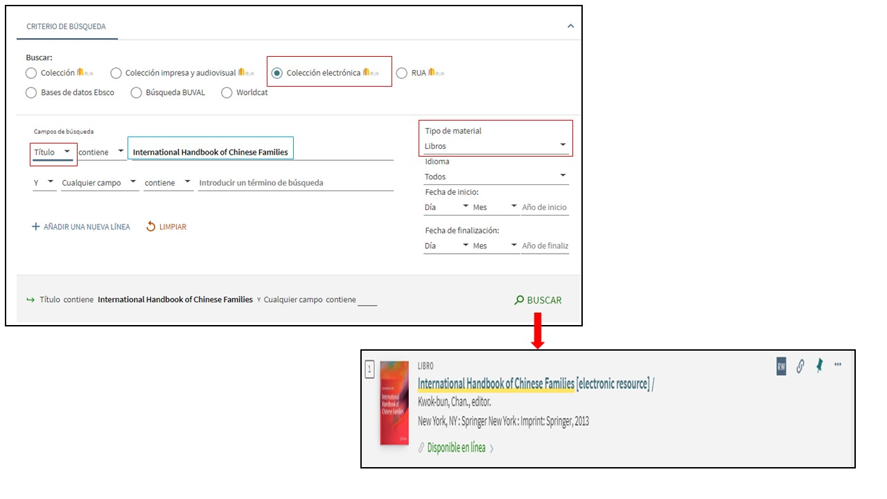 Captura de pantalla mostrando cómo utilizar el formulario de búsqueda avanzada del catálogo para buscar el libro-e 'International Handbook of Chinese Families'. 