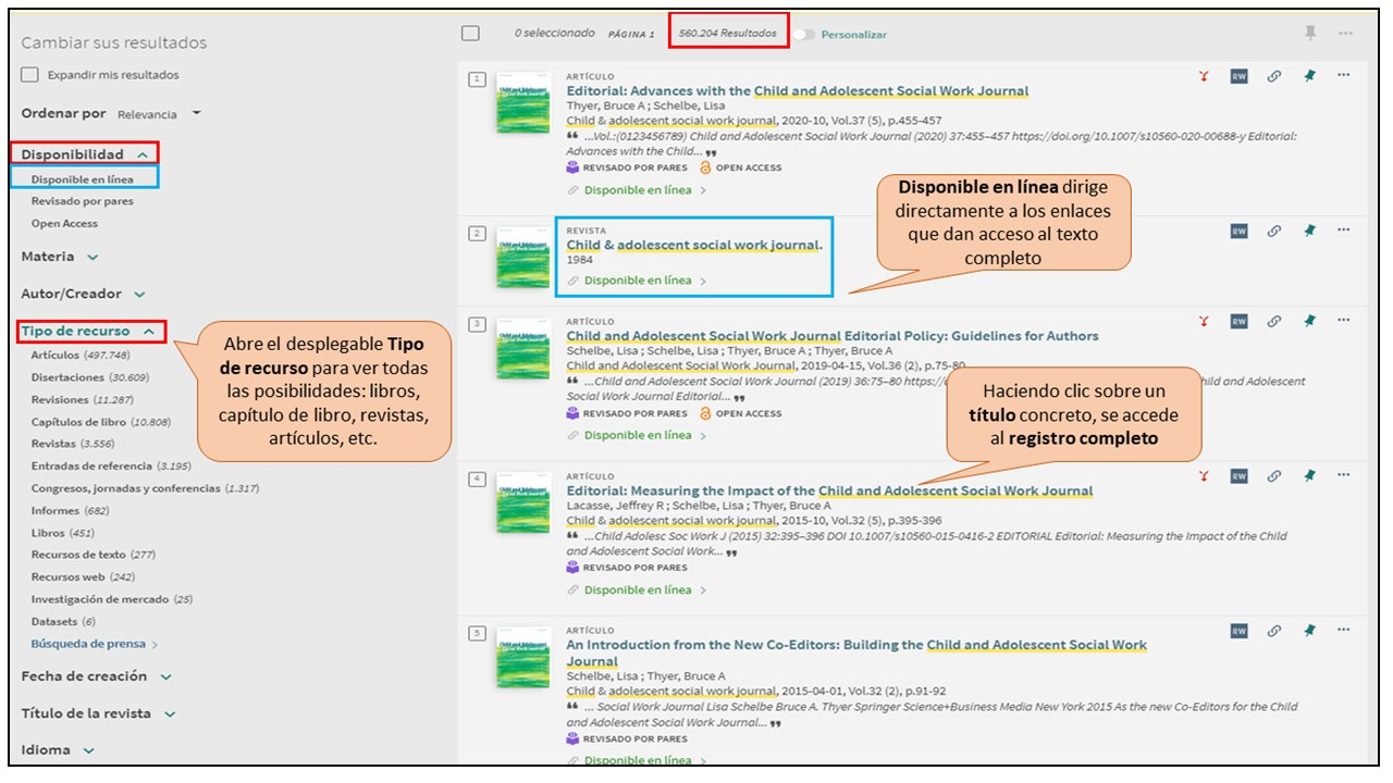 Captura de pantalla mostrando cómo aplicar los filtros 'Disponible en línea' y tipo de material 'Revistas' en la página de resultados