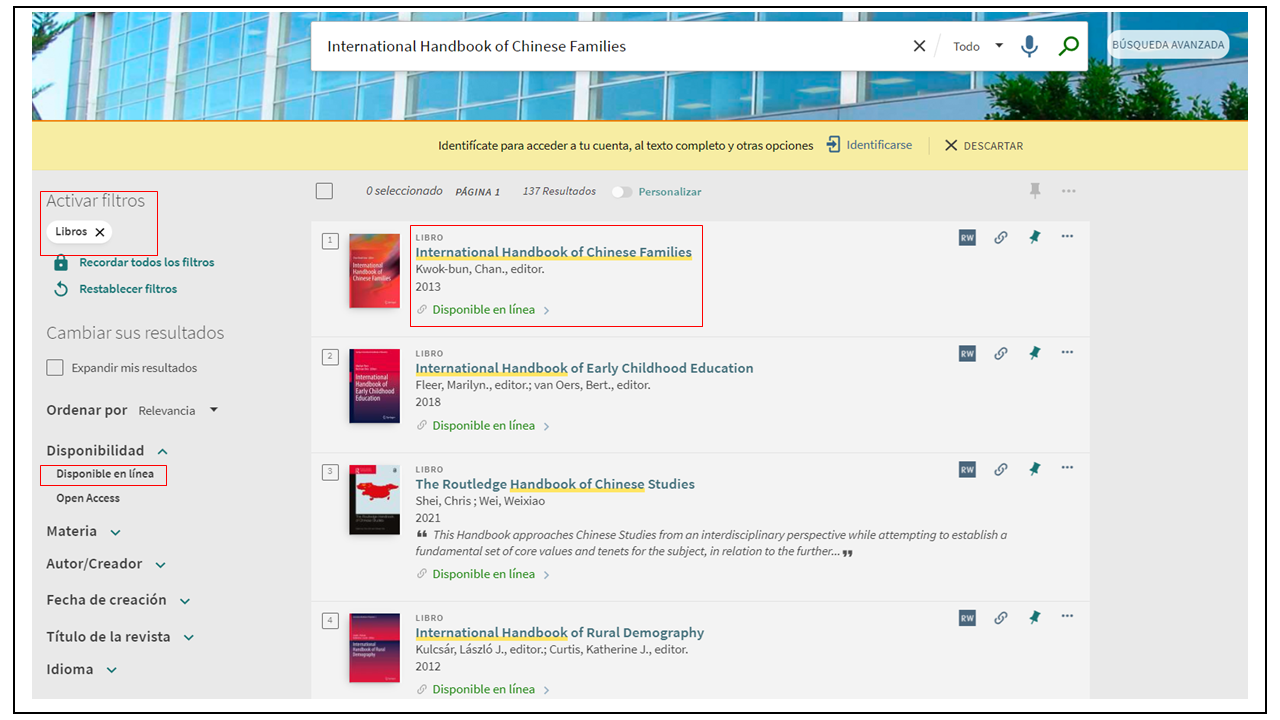 Captura de pantalla mostrando la aplicación del filtro 'Libros' en la lista de resultados. 