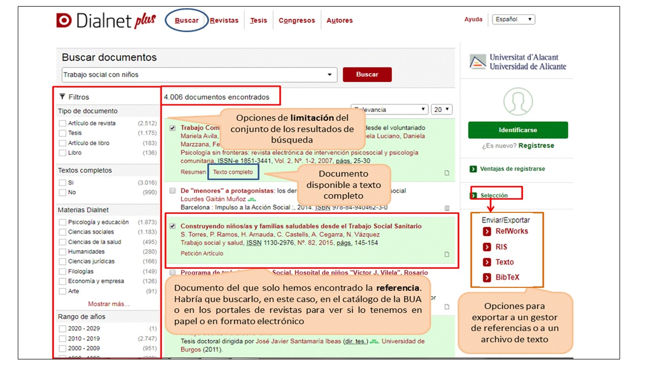 Captura de pantalla mostrando el resultado de buscar en Dialnet Plus documentos sobre 'trabajo social con niños' y las distintas opciones que ofrece la lista de resultados: filtros, acceso a textos completos, selección de resultados y opciones de exportación.