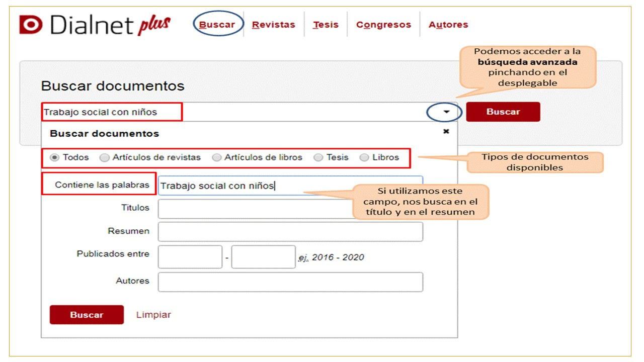 Captura de pantalla mostrando cómo acceder al formulario de búsqueda avanzada de Dialnet Plus y sus opciones: tipos de documentos, campos de búsqueda (Título, Resumen, Autor) y rango de fechas.