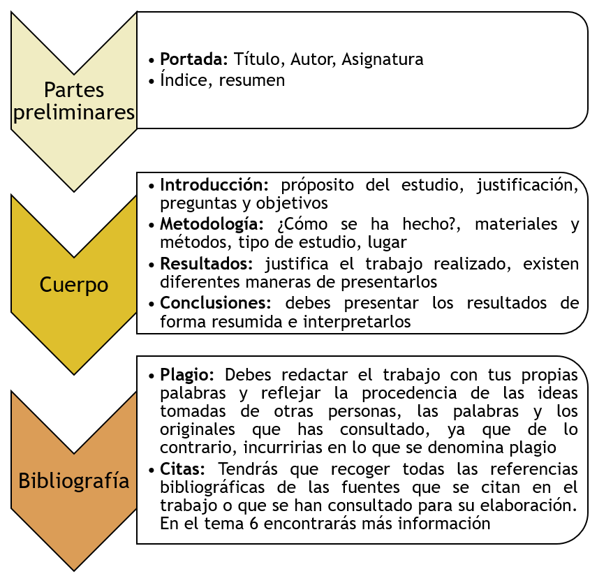 Imagen que muestra el contenido que debe incluirse en cada una de las tres partes del trabajo académico