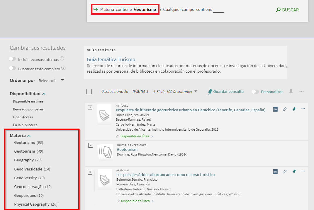 Captura de pantalla del catálogo, mostrando la lista de resultados tras buscar la materia 'Geoturismo', señalando la ubicación del filtro 'Materia'.