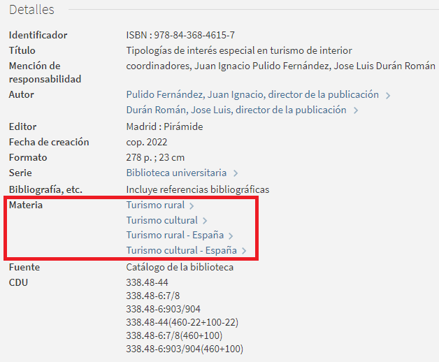 Captura de pantalla del catálogo en la que se muestra que el libro 'Tipologías de interés especial en turismo interior' tiene asignadas cuatro materias.