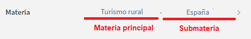 Captura de la materia 'Turismo rural - España', indicando que 'Turismo rural' es la materia principal y que 'España' es la submateria