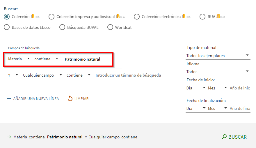Captura de pantalla del catálogo mostrando cómo buscar la materia 'Patrimonio natural' utilizando el formulario de búsqueda avanzada