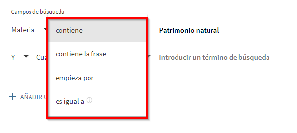 Captura de pantalla en la que se muestran las distintas opciones de búsqueda por materia