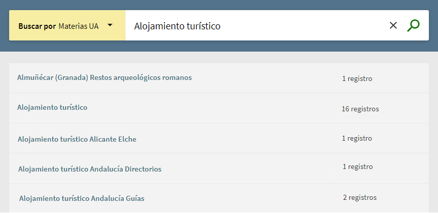Captura de pantalla del catálogo mostrando el resultado de buscar 'Alojamiento turístico' en el índice de materias