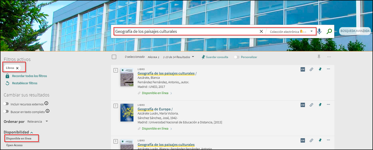Captura de pantalla mostrando la aplicación de los filtros 'Disponible en línea' y 'Libros' en la lista de resultados.Búsqueda básica de un libro-e