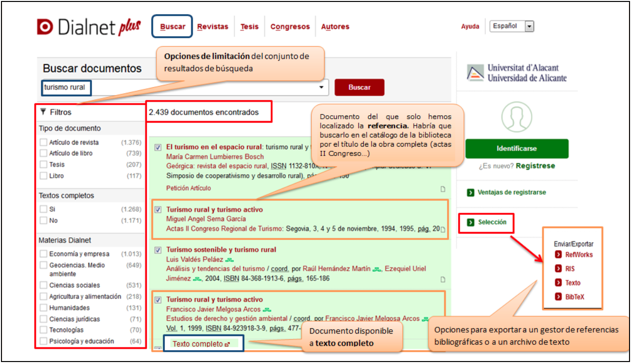 Captura de pantalla mostrando el resultado de buscar en Dialnet Plus documentos sobre 'turismo rural' y las distintas opciones que ofrece la lista de resultados: filtros, acceso a textos completos, selección de resultados y opciones de exportación