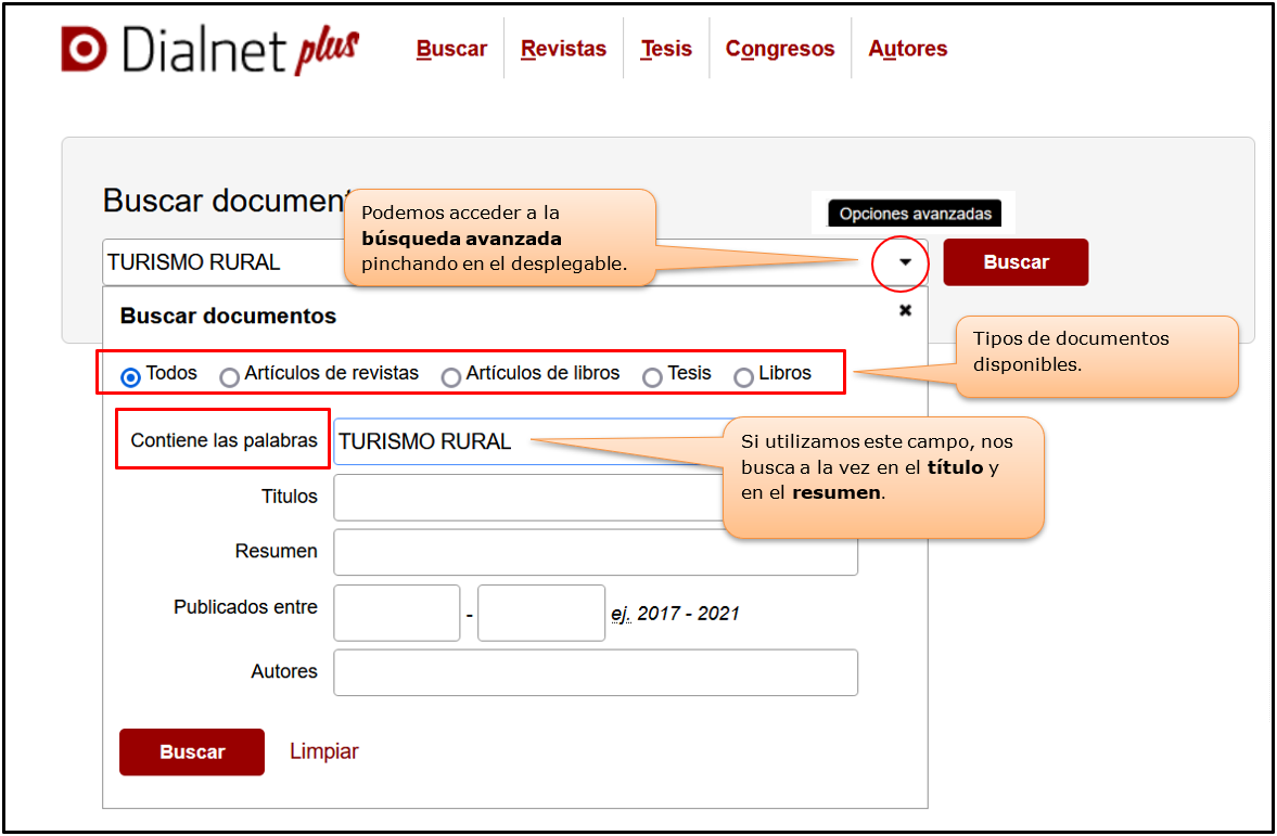 Captura de pantalla mostrando cómo acceder al formulario de búsqueda avanzada de Dialnet Plus y sus opciones: tipos de documentos, campos de búsqueda (Título, Resumen, Autor) y rango de fechas