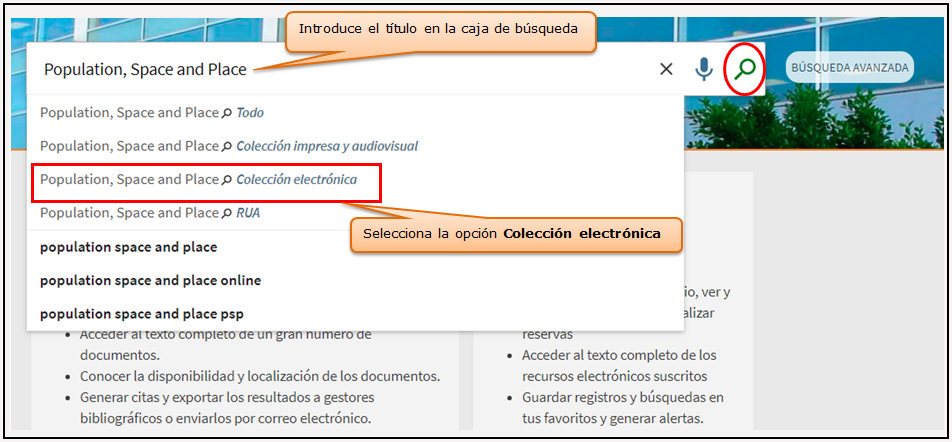 Captura de pantalla mostrando cómo buscar la revista electrónica 'Population, space and place' utilizando la búsqueda básica del catálogo, seleccionando la opción 'Colección electrónica' 