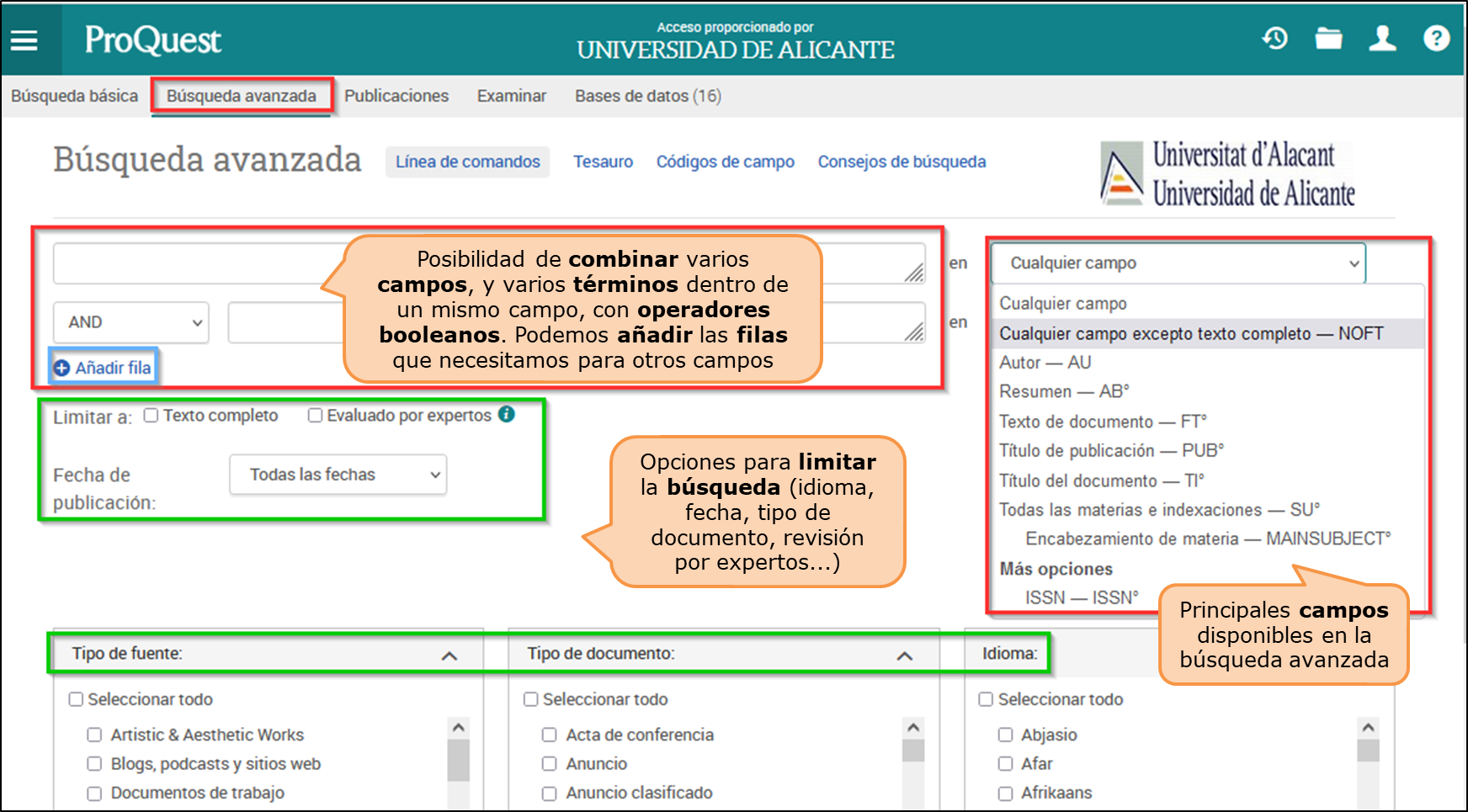 Captura de pantalla de la búsqueda avanzada en la plataforma de base de datos ProQuest, mostrando la posibilidad de combinar diferentes campos con operadores booleanos, de utilizar límites y de seleccionar el tipo de fuente