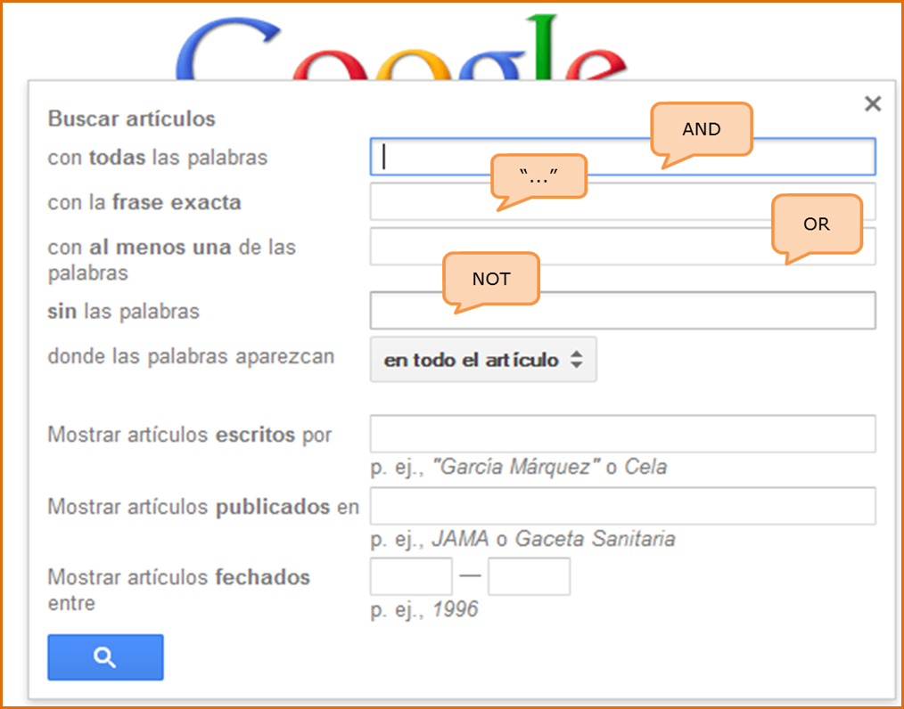 Captura de pantalla del formulario de búsqueda avanzada de Google Académico, mostrando la equivalencia de cada una de las opciones con los operadores correspondientes