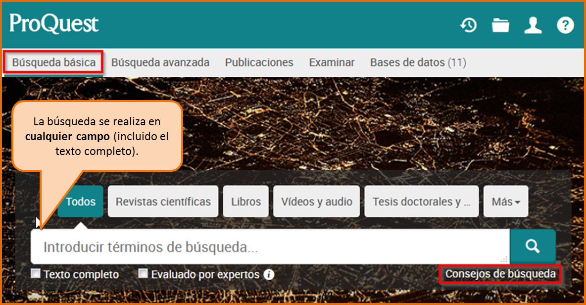 Captura de pantalla de la búsqueda básica en la plataforma de base de datos ProQuest, enfatizando que la búsqueda se realiza en todos los campos