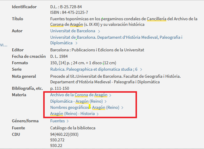 captura de pantalla del catálogo del libro fuentes toponímicas, que tiene asignadas cuatro materias