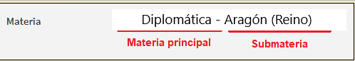 pantalla de ejemplo de materia y submateria: Diplomática - Aragón (Reino), tal y como aparece en un ejemplo del catálogo