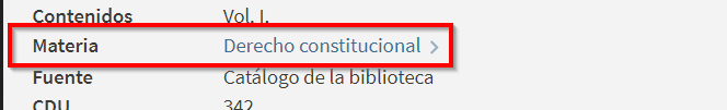 captura de pantalla de la materia de un registro del catálogo. Materia: derecho constitucional
