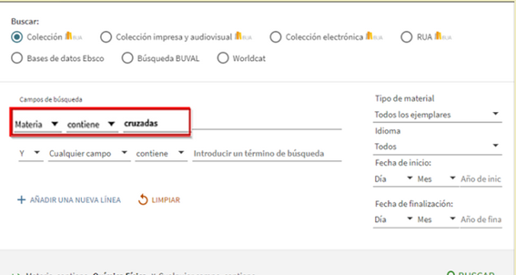formulario de la Búsqueda avanzada por materia con el término "cruzadas"