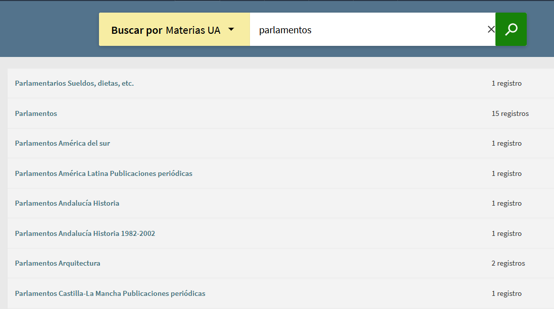 captura de imagen de la búsqueda por índice de materias. Al buscar por la materia parlamentos, aparece un listado de materias encabezadas por dicho término, así como el número de registros que contiene. Además se recuperan las materias más específicas que encabezan por parlamentos