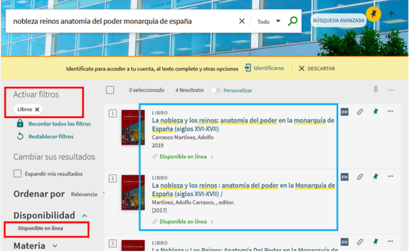 Captura de pantalla mostrando la aplicación de los filtros 'Disponible en línea' y 'Libros' a la izquierda de la lista de resultados.