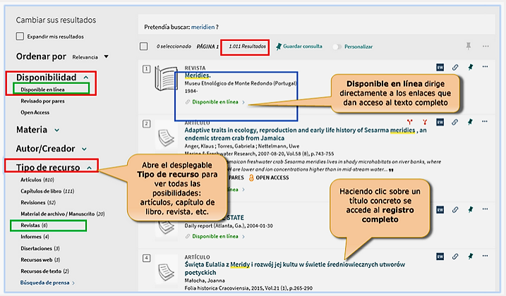 Captura de pantalla mostrando cómo aplicar los filtros 'Disponible en línea' y tipo de material 'Revistas' en la página de resultados