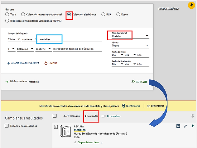 Captura de pantalla mostrando cómo buscar la revista Meridies utilizando el formulario de búsqueda avanzada