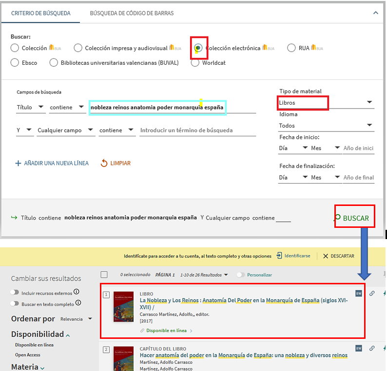 Captura de pantalla mostrando cómo utilizar el formulario de búsqueda avanzada del catálogo para buscar el libro-e 'La nobleza en los reinos: anatomia y poder en la monarquia de españa. Se filtra por tipo de material: libros y por Colección electrónica