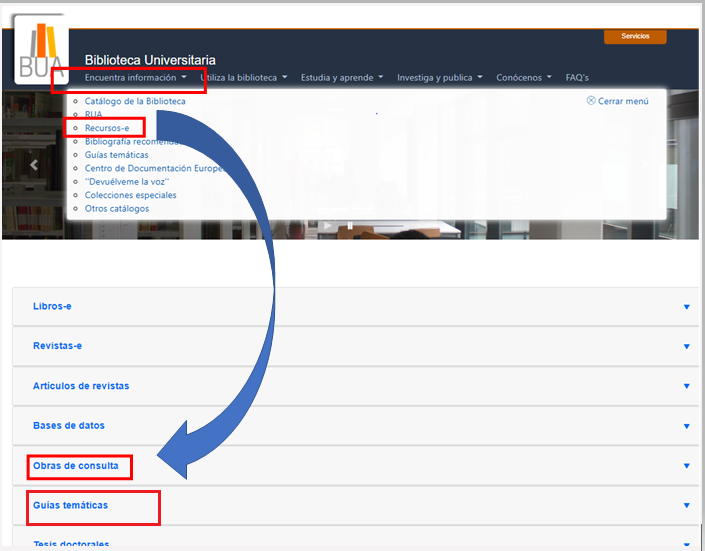 Captura de pantalla con la ruta para acceder a obras de referencia o de consulta electrónicas en la BUA. 1) Encuentra información. 2) Recursos-e  3) Obras de consulta. Igualmente se resalta el enlace a las guías temáticas, que tienen secciones de obras de referencia dentro de cada guía.