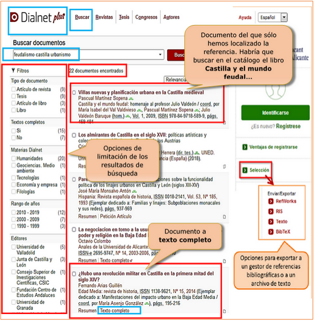 Captura de pantalla de los resultados de la búsqueda en Dialnet Plus de los términos "feudalismo castilla urbanismo". Aparece la barra de filtros a la izquierda, el cuerpo central con los resultados de la búsqueda y las posibilidades de acceso al texto completo. En la barra de la derecha, las opciones de los gestores de referencias