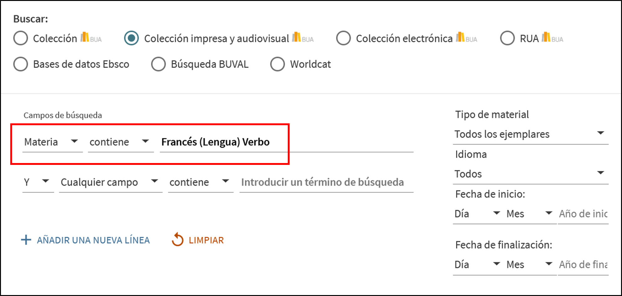 Captura de pantalla del catálogo mostrando cómo buscar la materia 'Francés (Lengua)- Verbo' utilizando el formulario de búsqueda avanzada