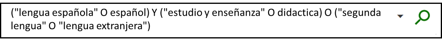 Captura de pantalla del cajetín de búsqueda básica del catálogo, en el que se ha introducido la estrategia de búsqueda: ("lengua española" O español) Y ("estudio y enseñanza" O didactica) O ("segunda lengua" O "lengua extranjera") 