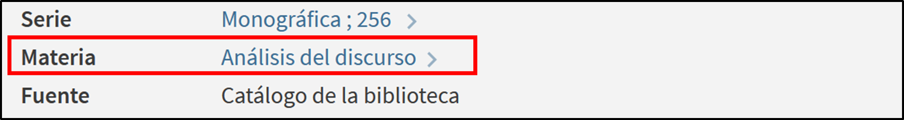 Captura de pantalla del catálogo, mostrando el hiperenlace "Análisis del discurso"