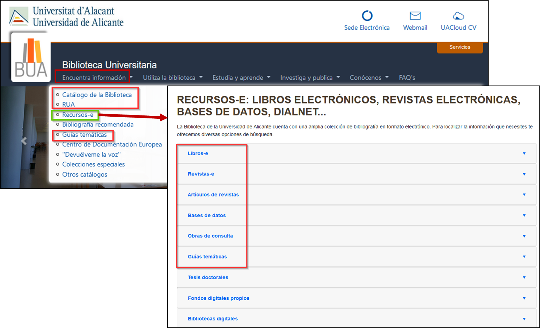Captura de pantalla de la web de la BUA mostrando la localización de los recursos electrónicos, dentro del apartado 'Encuentra información' del menú superior