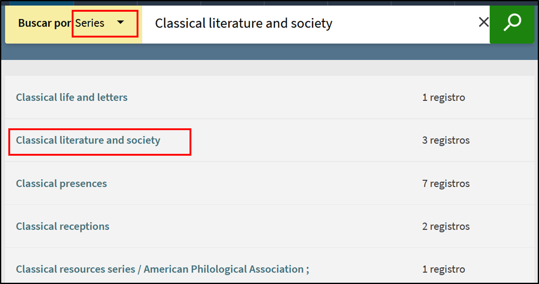 Captura de pantalla mostrando cómo buscar la colección 'Classical literature and society' en el índice de series. 