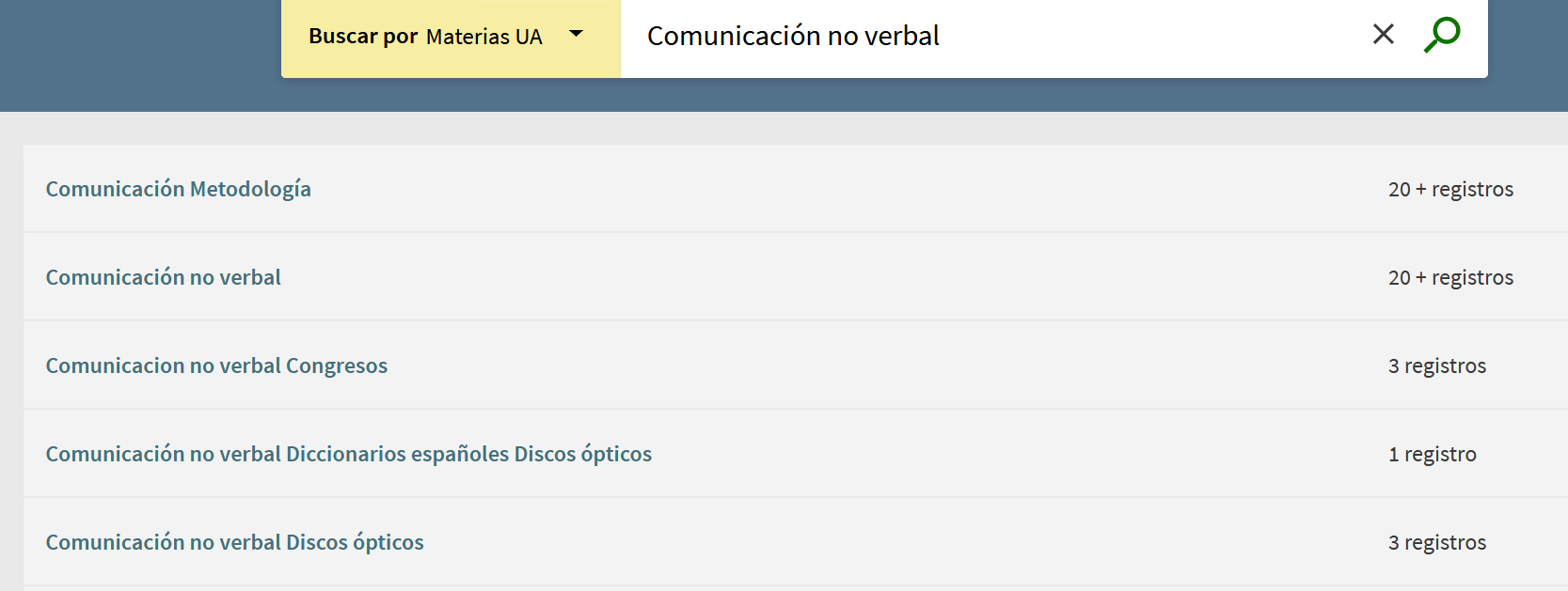 Captura de pantalla del catálogo mostrando el resultado de buscar 'Comunicación no verbal' en el índice de materias