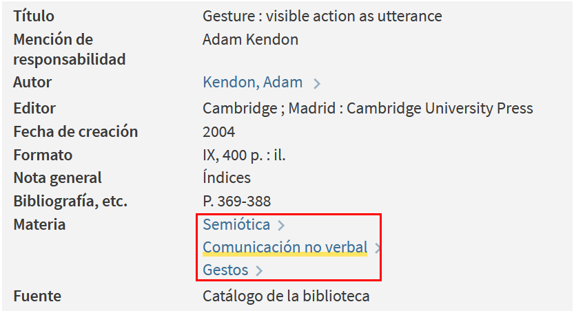 Captura de pantalla del catálogo en la que se muestra que el libro 'Gesture: visible action as utterance' tiene asignadas tres materias.