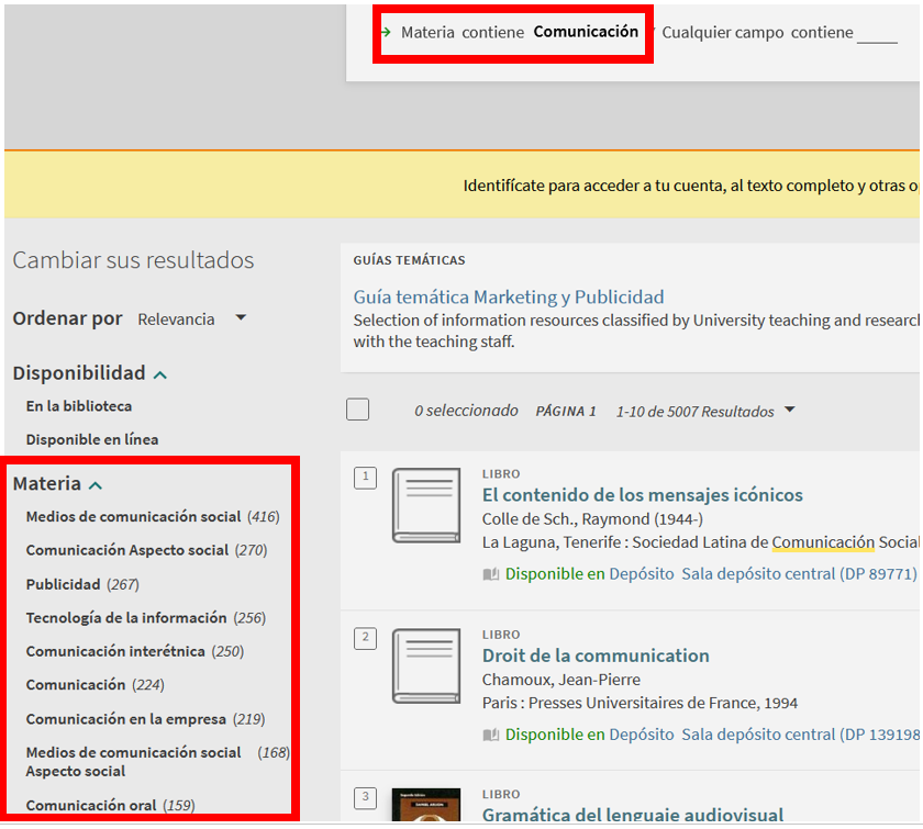 Captura de pantalla del catálogo, mostrando la lista de resultados tras buscar la materia 'Comunicación', señalando la ubicación del filtro 'Materia'.