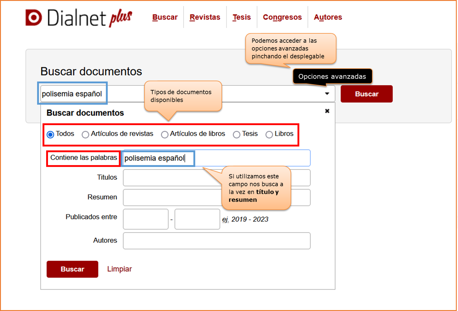 Captura de pantalla mostrando cómo acceder al formulario de búsqueda avanzada de Dialnet Plus y sus opciones: tipos de documentos, campos de búsqueda (Título, Resumen, Autor) y rango de fechas