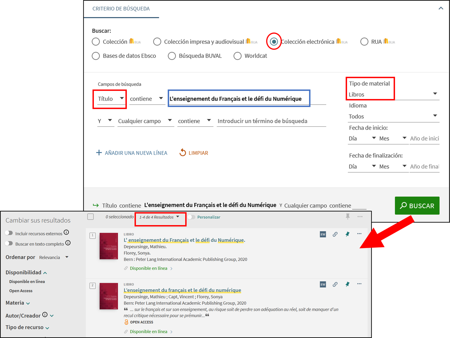 Captura de pantalla mostrando cómo utilizar el formulario de búsqueda avanzada del catálogo para buscar el libro-e "L'enseignement du Français et le défi du Numérique"