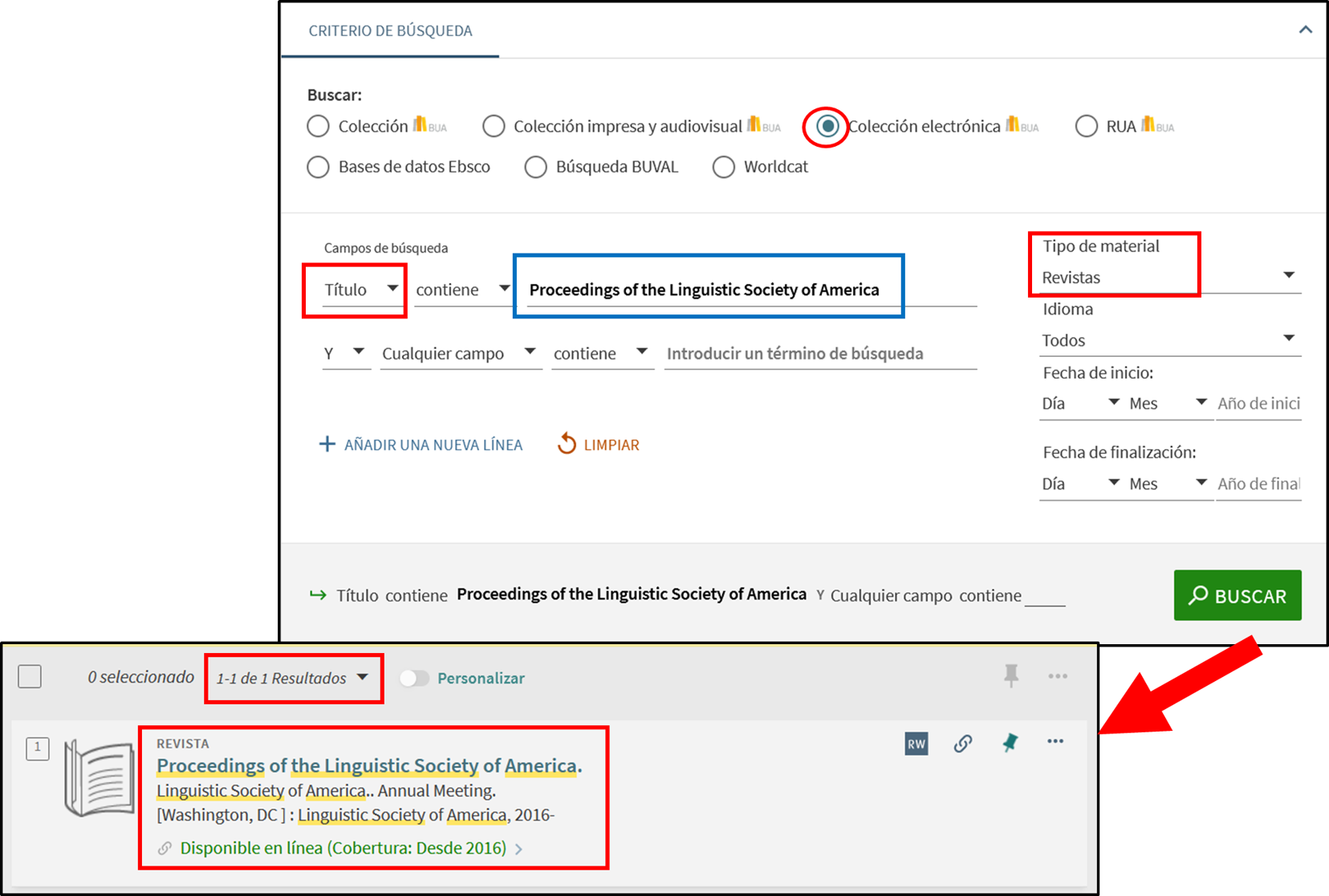 Captura de pantalla mostrando cómo buscar la revista 'Proceedings of the Linguistic Society of America' utilizando el formulario de búsqueda avanzada