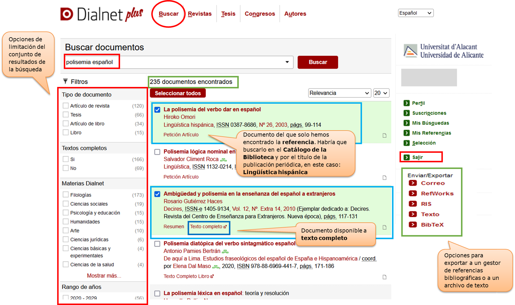 Captura de pantalla mostrando el resultado de buscar en Dialnet Plus documentos sobre 'polisemia español' y las distintas opciones que ofrece la lista de resultados: filtros, acceso a textos completos, selección de resultados y opciones de exportación