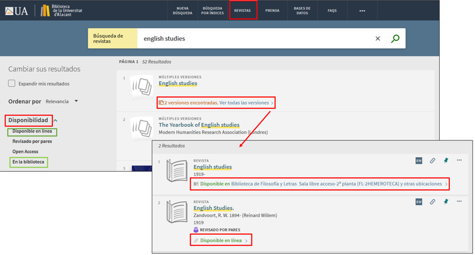 Captura de pantalla mostrando cómo utilizar el buscador de revistas para encontrar la revista 'English Studies'