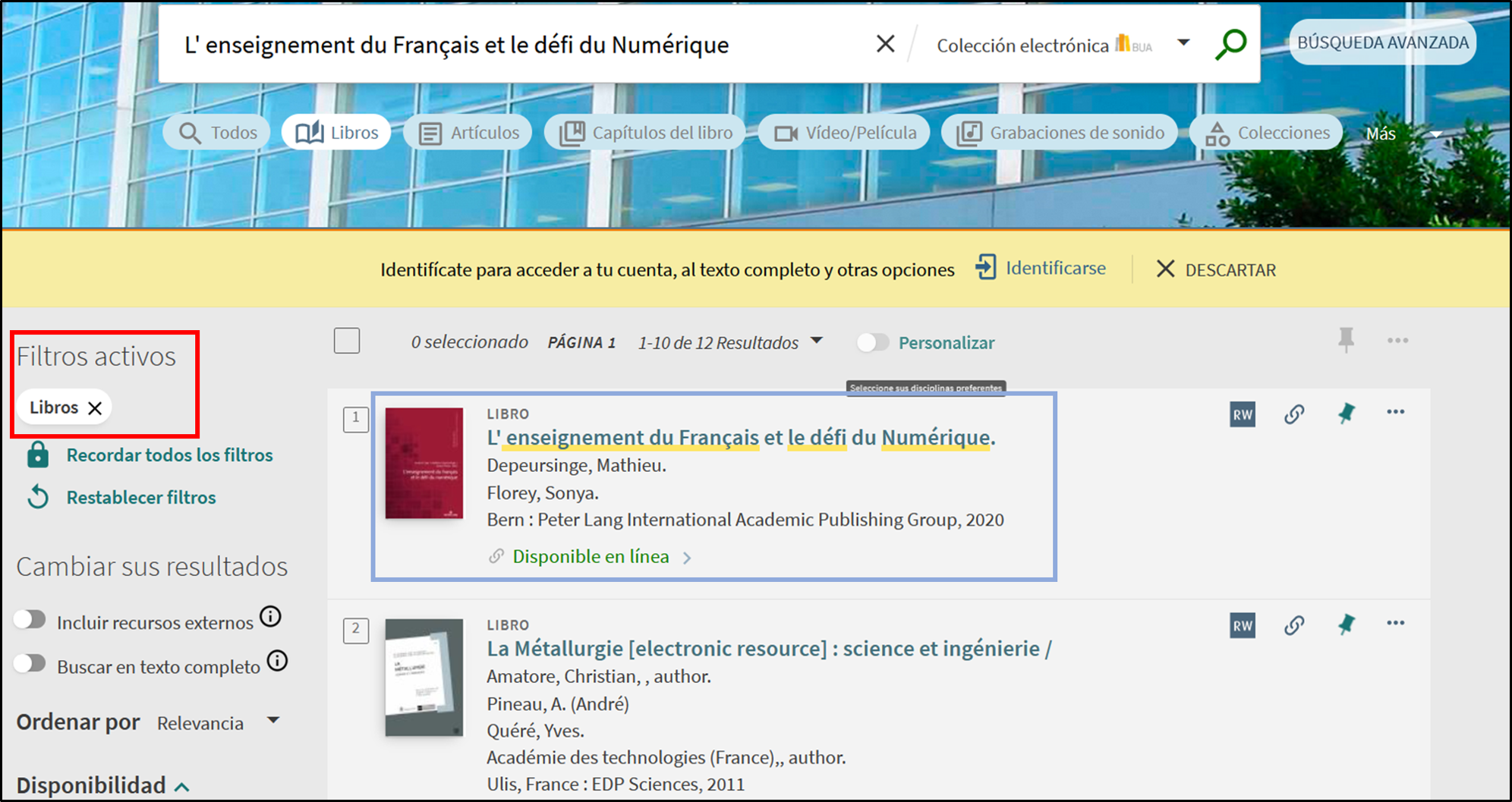 Captura de pantalla mostrando la aplicación de los filtros 'Disponible en línea' y 'Libros' en la lista de resultados.