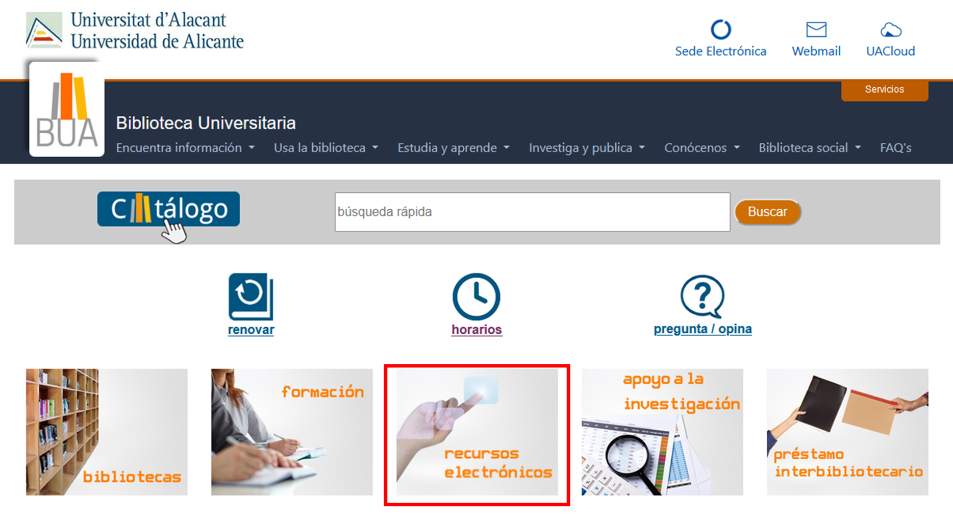 Acceso directo a los Recursos-e en la página de inicio de la web de la BUA